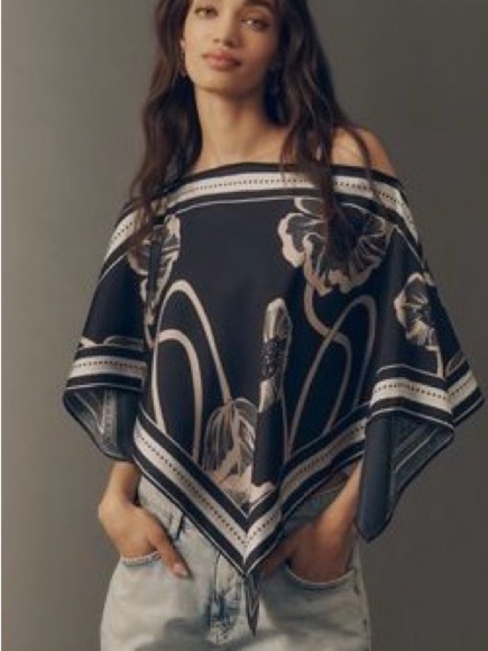 Anthropologie Black and Cream Floral Silk Scarf Poncho